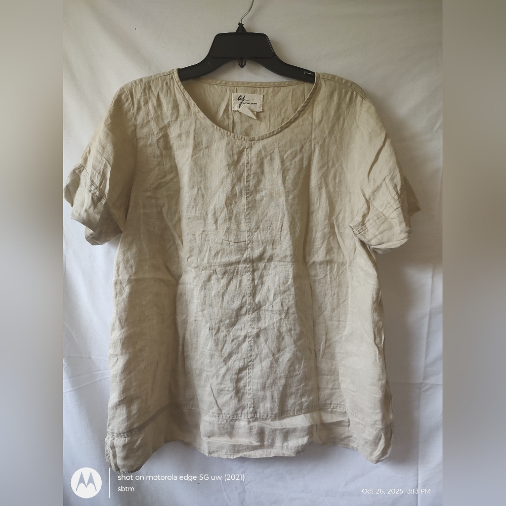 Andrea Jovan Medium Women Beige Short Sleeve Linen Top